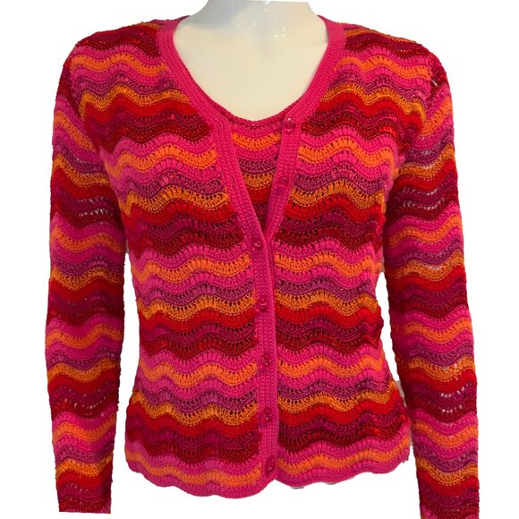 Wave Knit Cardigan & Tank Set Multicolor Lightweight Boho Resortwear Size M - Picture 1 of 9